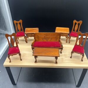 Vintage 8 Piece Dollhouse Miniature Red Velvet Living Room Set